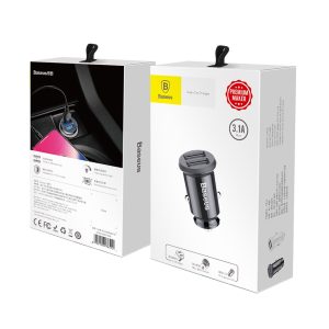 Baseus Grain Car Charger - Dual USB 5V 3.1A, Sleek in Black